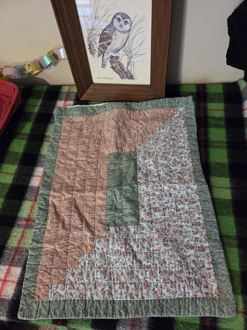 Floral & Green Patchwork Quilt Style Throw Pillow Cover - Green / Pink Cottage